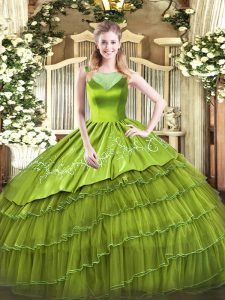 Sleeveless Organza Floor Length Side Zipper Quinceanera Gowns in Olive Green with Beading and Embroidery