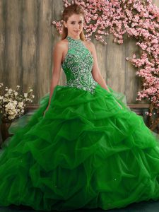 Green Halter Top Lace Up Beading and Pick Ups Ball Gown Prom Dress Sleeveless