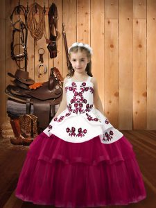 Sleeveless Tulle Floor Length Lace Up Little Girl Pageant Dress in Fuchsia with Embroidery
