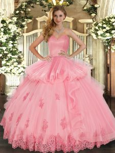 Artistic Watermelon Red Sweetheart Lace Up Beading and Appliques and Ruffles Quince Ball Gowns Sleeveless