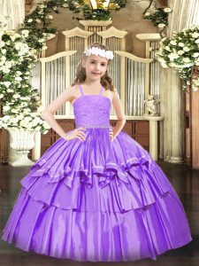 Fashion Lavender Sleeveless Floor Length Beading and Lace and Ruffled Layers Zipper Pageant Gowns