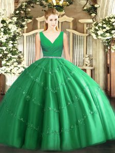 Green Two Pieces Tulle V-neck Sleeveless Beading Floor Length Zipper Quinceanera Gown