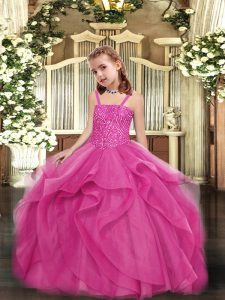 Hot Pink Lace Up Straps Beading Little Girl Pageant Gowns Organza Sleeveless