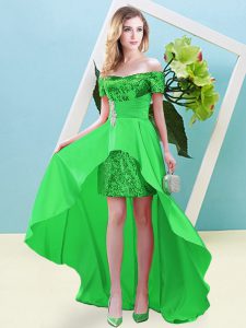 Lovely Short Sleeves Elastic Woven Satin and Sequined High Low Lace Up Homecoming Dress in Green with Beading
