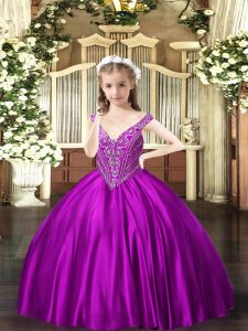 Purple Satin Lace Up Little Girl Pageant Dress Sleeveless Floor Length Beading