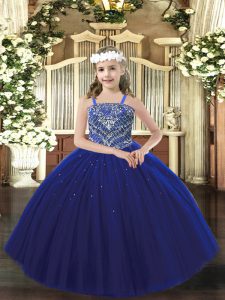 Sleeveless Tulle Floor Length Lace Up Pageant Gowns in Royal Blue with Beading