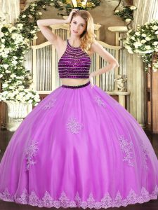 Inexpensive Tulle Sleeveless Floor Length Quince Ball Gowns and Beading and Appliques