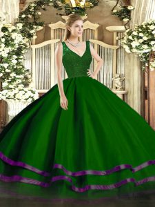 Chic Ball Gowns 15th Birthday Dress Dark Green V-neck Organza Sleeveless Floor Length Backless