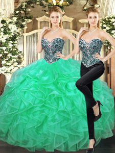 Admirable Turquoise Tulle Lace Up Sweetheart Sleeveless Floor Length Quinceanera Dress Beading and Ruffles