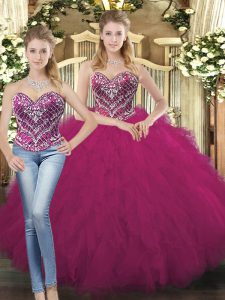 Deluxe Sweetheart Sleeveless Quinceanera Gowns Floor Length Beading and Ruffles Fuchsia Organza