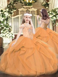 Fancy Orange High School Pageant Dress Party and Quinceanera with Beading and Ruffles Off The Shoulder Sleeveless Lace U