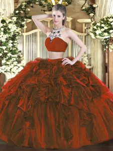 Great Sleeveless Floor Length Beading and Ruffles Backless Quinceanera Gown with Rust Red