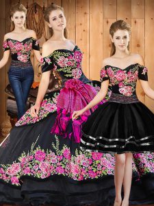 Noble Short Sleeves Floor Length Embroidery and Hand Made Flower Lace Up Sweet 16 Quinceanera Dress with Black