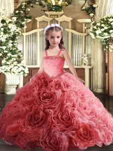 Straps Sleeveless Pageant Dress for Womens Floor Length Appliques Coral Red Fabric With Rolling Flowers