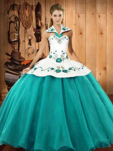 Luxurious Turquoise Ball Gowns Embroidery Quince Ball Gowns Lace Up Satin and Tulle Sleeveless Floor Length