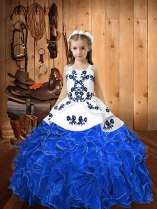 Blue Lace Up Little Girl Pageant Gowns Embroidery and Ruffles Sleeveless Floor Length