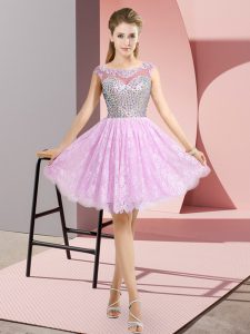 Spectacular Lilac Empire Beading Prom Dresses Backless Lace Cap Sleeves Mini Length