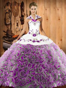 Halter Top Sleeveless Sweep Train Lace Up Quinceanera Gowns Multi-color Fabric With Rolling Flowers
