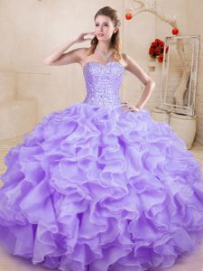 Classical Lavender Organza Lace Up Sweetheart Sleeveless Floor Length Vestidos de Quinceanera Beading and Ruffles
