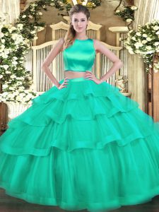 Tulle High-neck Sleeveless Criss Cross Ruffled Layers Quinceanera Dress in Turquoise
