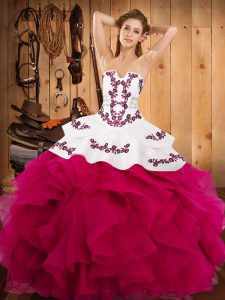 Hot Pink Satin and Organza Lace Up Strapless Sleeveless Floor Length Vestidos de Quinceanera Embroidery and Ruffles
