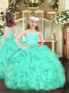 Straps Sleeveless Little Girls Pageant Dress Wholesale Floor Length Beading and Lace and Ruffles Turquoise Organza