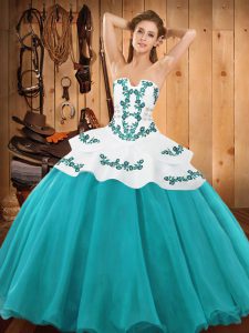 Teal Sleeveless Floor Length Embroidery Lace Up Sweet 16 Quinceanera Dress