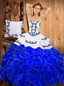Ball Gowns Quinceanera Dress Blue And White Strapless Satin and Organza Sleeveless Floor Length Lace Up