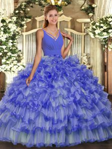 Organza V-neck Sleeveless Backless Beading and Ruffled Layers 15 Quinceanera Dress in Blue
