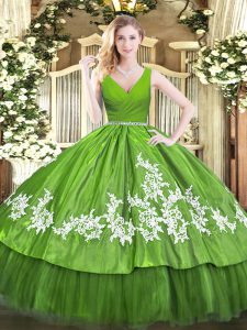 Sophisticated Olive Green Sleeveless Floor Length Beading and Appliques Zipper Ball Gown Prom Dress