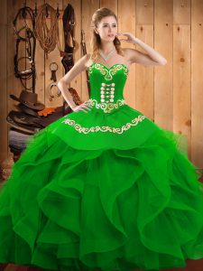 Adorable Floor Length Lace Up Quince Ball Gowns Green for Military Ball and Sweet 16 and Quinceanera with Embroidery and
