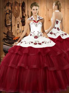 High Quality Wine Red Halter Top Neckline Embroidery and Ruffled Layers Quinceanera Dresses Sleeveless Lace Up