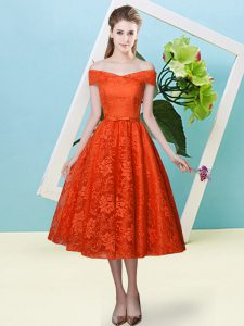 Stunning Rust Red Off The Shoulder Neckline Bowknot Bridesmaid Dress Cap Sleeves Lace Up