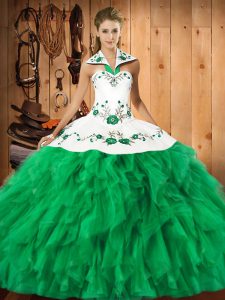 Chic Green Sweet 16 Dress Military Ball and Sweet 16 and Quinceanera with Embroidery and Ruffles Halter Top Sleeveless L