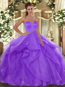 Latest Lavender Sleeveless Beading and Ruffles Floor Length 15 Quinceanera Dress
