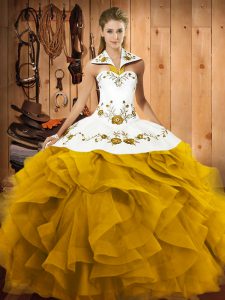 Colorful Floor Length Ball Gowns Sleeveless Gold Quince Ball Gowns Lace Up