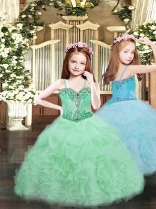 Sleeveless Organza Floor Length Lace Up Glitz Pageant Dress in Apple Green with Beading and Ruffles and Pick Ups