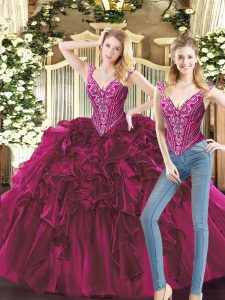 Floor Length Lace Up Quinceanera Gown Fuchsia for Military Ball and Sweet 16 and Quinceanera with Beading and Ruffles