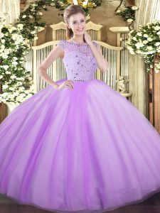 Floor Length Zipper Quinceanera Gown Lavender for Military Ball and Sweet 16 and Quinceanera with Beading