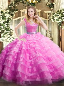 Fine Ball Gowns Quinceanera Gown Lilac V-neck Organza Sleeveless Floor Length Zipper