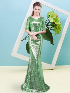 Green Sequined Zipper Scoop Half Sleeves Floor Length Prom Dresses Sequins