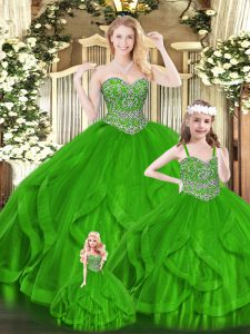 Sumptuous Green Sleeveless Floor Length Beading and Ruffles Zipper Quince Ball Gowns
