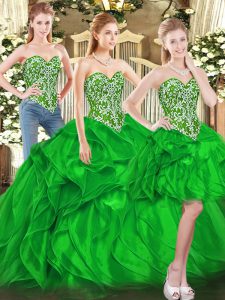 Best Selling Green Tulle Lace Up Quinceanera Gown Sleeveless Floor Length Beading and Ruffles