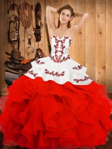 White And Red Strapless Neckline Embroidery and Ruffles Sweet 16 Quinceanera Dress Sleeveless Lace Up