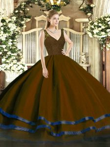 Organza V-neck Sleeveless Backless Beading and Lace and Ruffled Layers Quinceanera Gowns in Brown