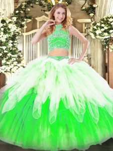 Sleeveless Floor Length Beading and Ruffles Backless 15th Birthday Dress with Multi-color