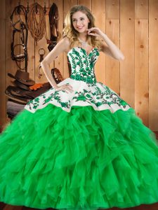 Flare Green Lace Up Sweetheart Embroidery and Ruffles 15 Quinceanera Dress Satin and Organza Sleeveless