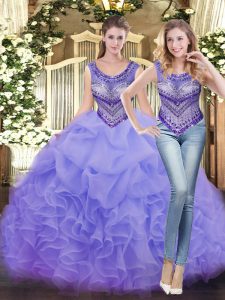 Lavender Scoop Lace Up Beading and Ruffles Quinceanera Gowns Sleeveless