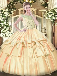 Floor Length Zipper Quinceanera Gown Orange for Military Ball and Sweet 16 and Quinceanera with Beading and Ruffled Laye