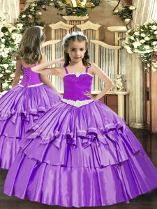 Organza Straps Sleeveless Lace Up Appliques and Ruffled Layers Little Girl Pageant Gowns in Lavender